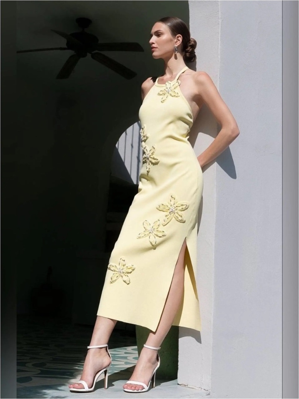 Endless Rose Embellished Flower Halter Midi Dress Butter Yellow Size Medium
